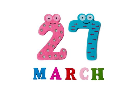 March 27 on white background, numbers and letters. photo
