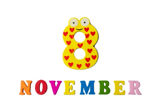 November 8 on white background, numbers and letters. photo