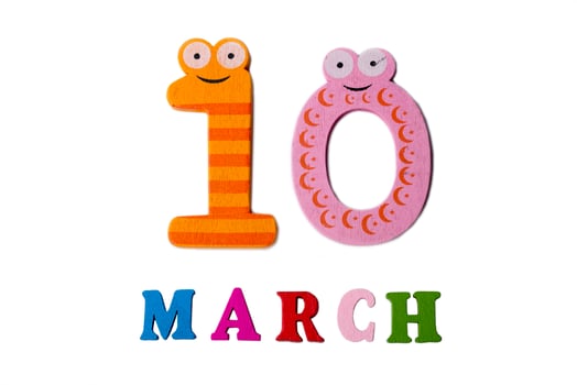 March 10 on white background, numbers and letters. photo