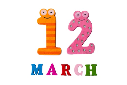 March 12 on white background, numbers and letters. photo