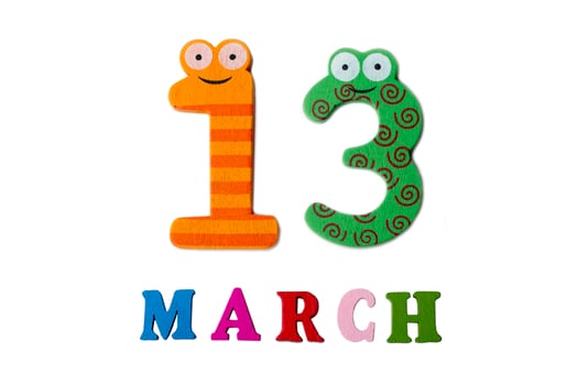 March 13 on white background, numbers and letters. photo