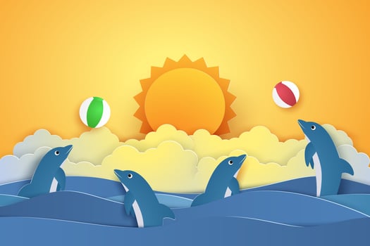 Jumping dolphin in sea waves, paper art style vector