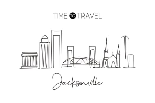 One single line drawing of Jacksonville city skyline, USA. Historical town landscape in world. Best holiday destination poster. Editable stroke trendy continuous line draw design vector illustration