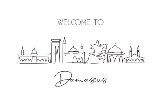 One continuous line drawing of Damascus city skyline, Syria. Beautiful city landmark. World landscape tourism and travel vacation. Editable stylish stroke single line draw design vector illustration