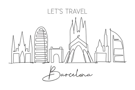 One continuous line drawing of Barcelona city skyline, Spain. Beautiful skyscraper. World landscape tourism travel vacation wall decor poster print. Stylish single line draw design vector illustration