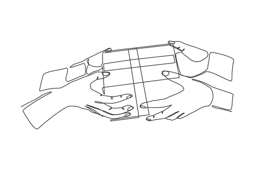 Continuous line drawing of couple hands holding gift box with ribbon. Single one line art of birthday surprise and christmas box. Vector illustration