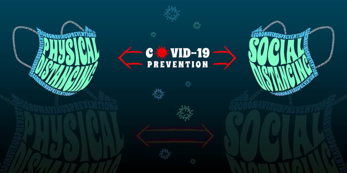 Physical Distancing and Social Distancing for Corona Virus Disease 2019 Prevention Text Wrap illustration. vector