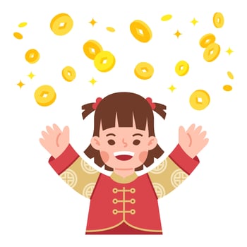 Chinese girl celebrate chinese lunar new year with coins flat illustration vector