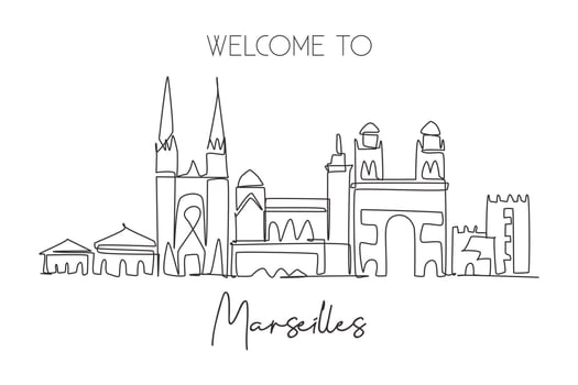 One single line drawing Marseilles city skyline, France. Historical skyscraper landscape in world. Best holiday destination wall decor poster. Trendy continuous line draw design vector illustration