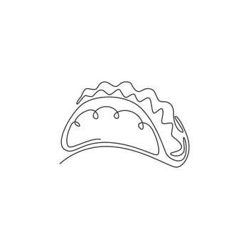Single continuous line drawing of stylized Mexican tacos logo label. Emblem fast food nacho restaurant concept. Modern one line draw design vector illustration for cafe, shop or food delivery service
