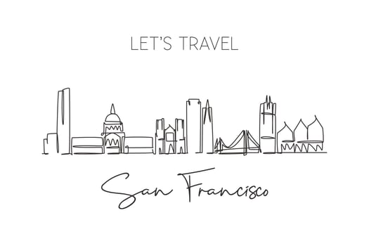 One single line drawing of San Francisco city skyline, USA. Historical town landscape in the world. Best holiday destination poster wall decor. Trendy continuous line draw design vector illustration