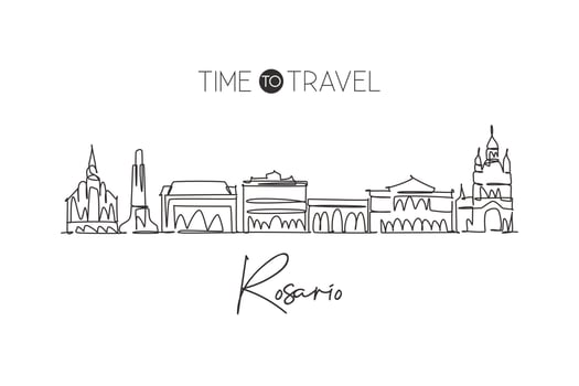 One continuous line drawing Rosario city skyline, Argentina. Beautiful landmark postcard. World landscape tourism travel vacation. Editable stylish stroke single line draw design vector illustration