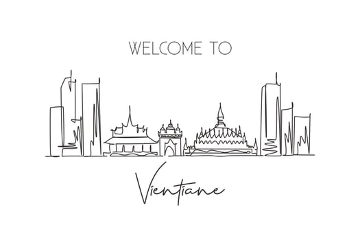 Single continuous line drawing Vientiane city skyline, Laos. Famous city scraper landscape postcard. World travel destination concept. Editable stroke modern one line draw design vector illustration