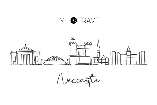Single continuous line drawing of Newcastle city skyline. Famous city skyscraper landscape in world. Travel campaign wall decor home art poster concept. Modern one line draw design vector illustration
