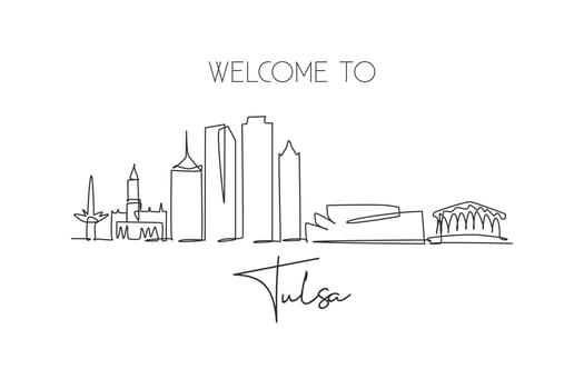Single continuous line drawing Tulsa city skyline, Oklahoma. Famous city scraper and landscape. World travel concept home wall decor art poster print. Modern one line draw design vector illustration