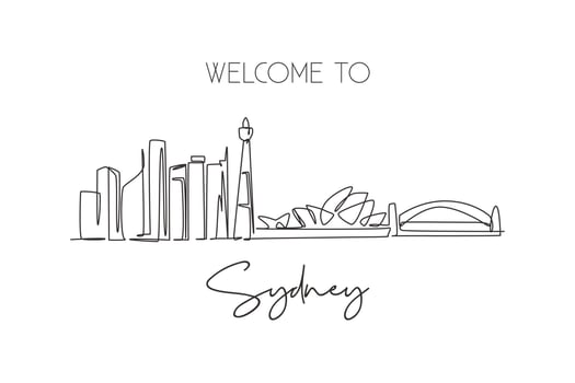 One continuous line drawing of Sydney city skyline, Australia. Beautiful landmark. World landscape tourism travel vacation poster. Editable stylish stroke single line draw design vector illustration
