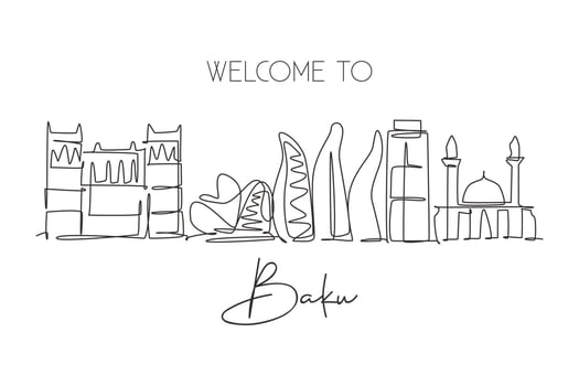 One single line drawing of Baku city skyline, Azerbaijan. Historical town landscape in world. Best holiday destination wall decor poster print. Trendy continuous line draw design vector illustration