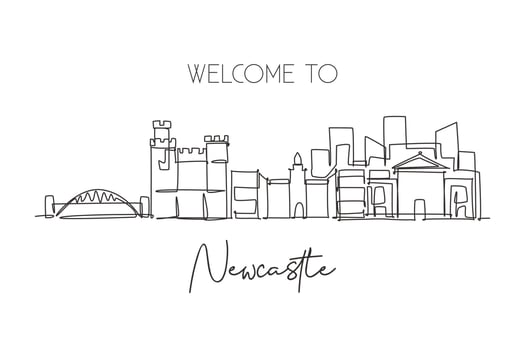 One continuous line drawing of Newcastle city skyline. Beautiful city skyscraper world landscape tourism travel vacation home wall decor poster art concept. Single line draw design vector illustration