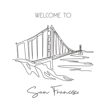 One single line drawing Golden Gate Bridge landmark. Iconic place in San Francisco, USA. Tourism travel home decor wall art poster print concept. Modern continuous line draw design vector illustration
