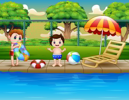 Happy boys enjoying playing in outdoor pool vector