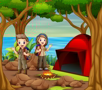 Scout boy and girl in explorer outfit camping out in nature vector