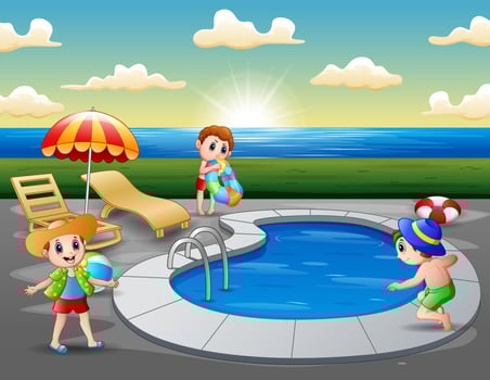 Happy boys enjoying playing in outdoor pool vector