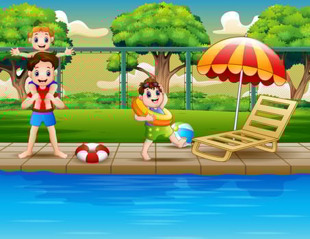 Happy boys enjoying playing in outdoor pool vector