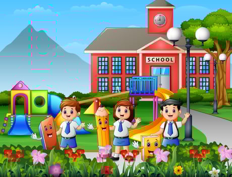 Happy school children holding stationery in the school yard vector