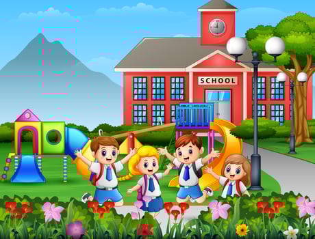 Cartoon children in uniform at school yard vector