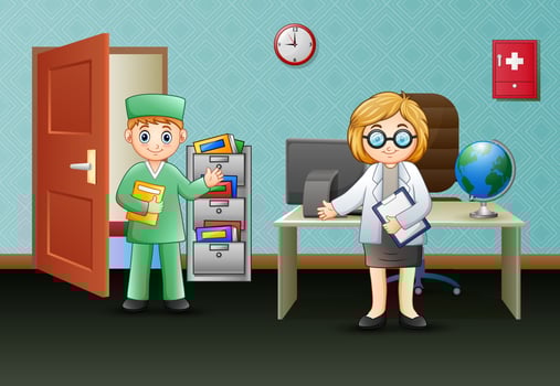 The surgeon talking with female doctor in office room vector