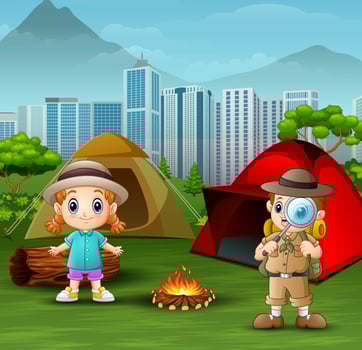 The explorer boy with a little girl at campsite vector