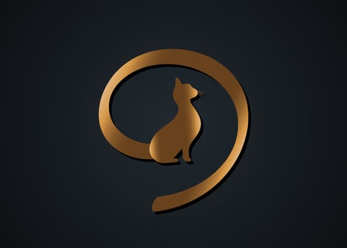 Golden cat silhouette with curly tail, feline animal gold round logo template, vector illustration isolated on a black background