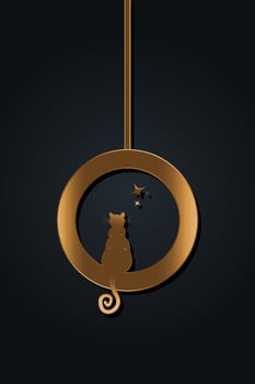 Golden Cat with curly tail sitting on the swing at look at the stars, gold logo animal tattoo, vector illustration on black background
