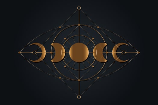 Celestial magic moon phases icons, Sacred Geometry, Eye of Providence mystical concept, alchemy All seeing eye, gold logo tattoo, boho style vector isoalted on black background