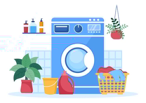 Laundry with Wash and Drying Machines in Flat Background Illustration. Dirty Cloth Lying in Basket and Women are Washing Clothes for Banner or Poster vector
