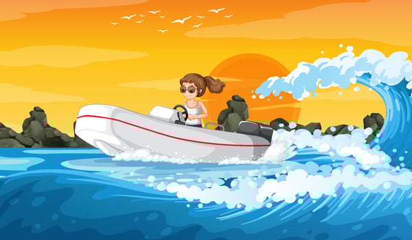Ocean wave scenery with a woman driving a boat vector