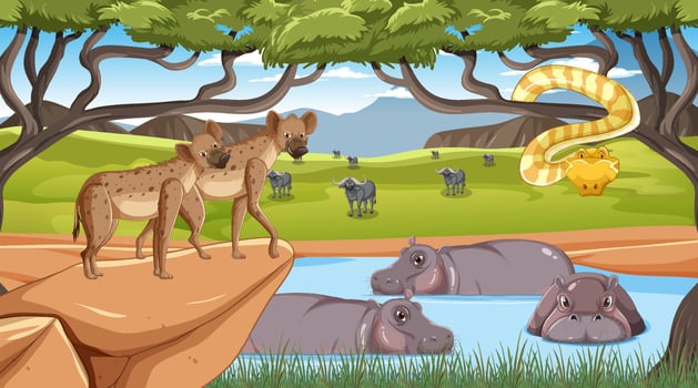 Wild animals in savanna forest landscape vector