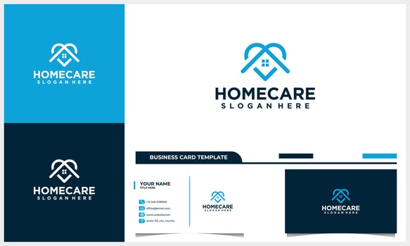 home and house with care love logo concept and business card template vector