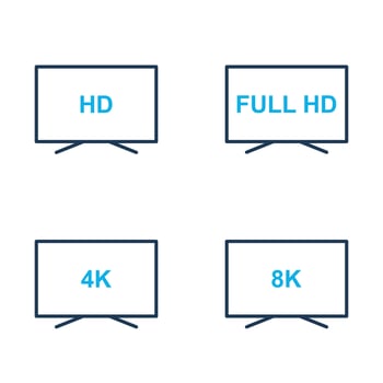 TV icons vector set. HD, Full HD, 4K, 8K Video Resolution Icons. Display screen with different quality. Vector illustration.