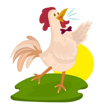 Cute rooster, cock singing with the sun rising on the horizon vector