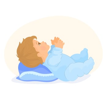 Infant baby boy spreading arms in embrace, lying on the bed on his back vector