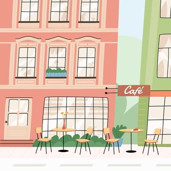 Cute hand-drawn cafe in European city. Building facade. Vector illustration.
