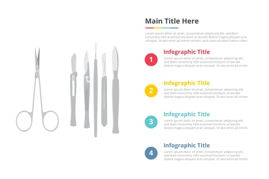 surgery surgical instruments tools infographics template with 4 points of free space text description - vector illustration