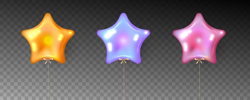 Colorful set of star shape balloons on transparent background. vector