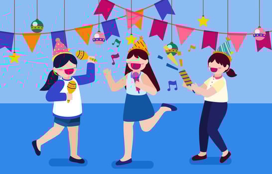 Cartoon birthday party people. Woman has birthday party at home. vector