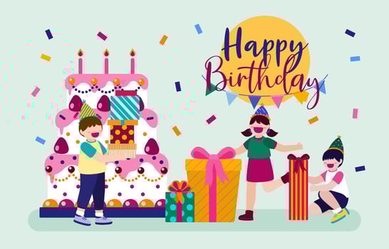 Cartoon birthday party people. Man and woman has birthday party at home. Birthday party decoration with balloon and shoot colorf vector