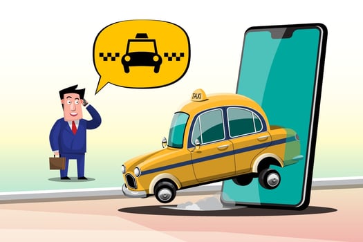 Businessman hand call taxi service by smart phone he calls a taxi using mobile app vector