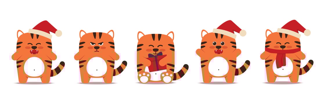 Cute little tigers cats in a flat style. The symbol of the Chinese New Year 2022. An animal with a Christmas cap, with a gift in a box. Angry sullen orange tiger sits and stands. Vector illustration.