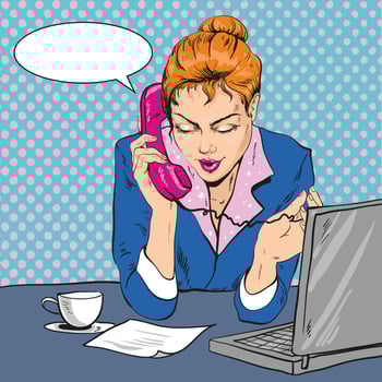 Vector Illustration of woman talking over the phone at office in retro pop art comic style. Speech bubble.