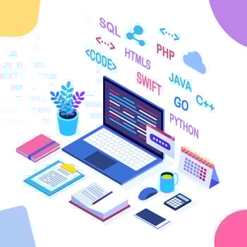 Software development, programming language, coding. Digital technology. 3d isometric laptop, computer with web application isolated on white background. Vector design